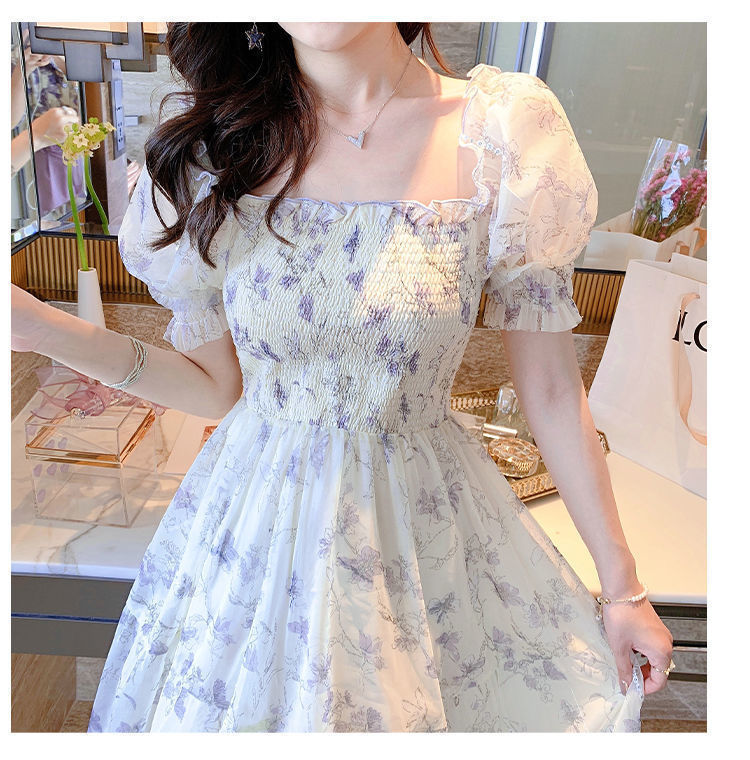 French Ink Painting Waist Slimming Chiffon Dress