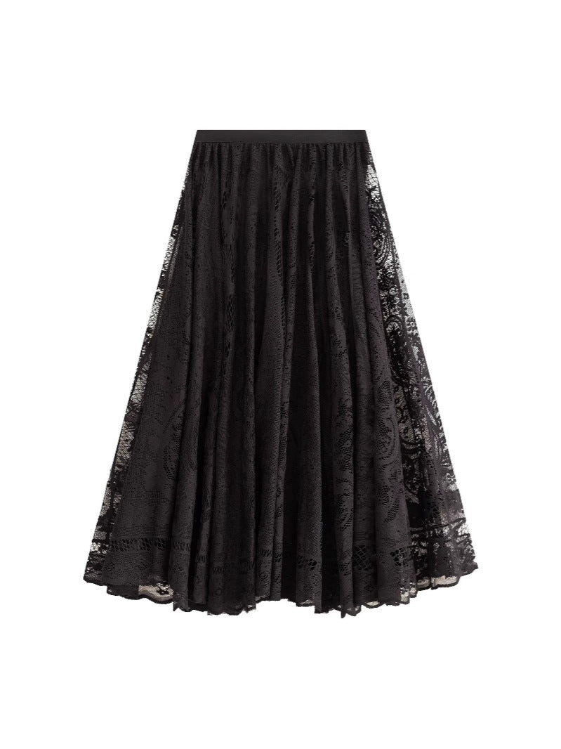 French Lace Midi Skirt with Mesh Detail