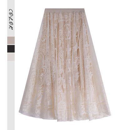 French Lace Midi Skirt with Mesh Detail