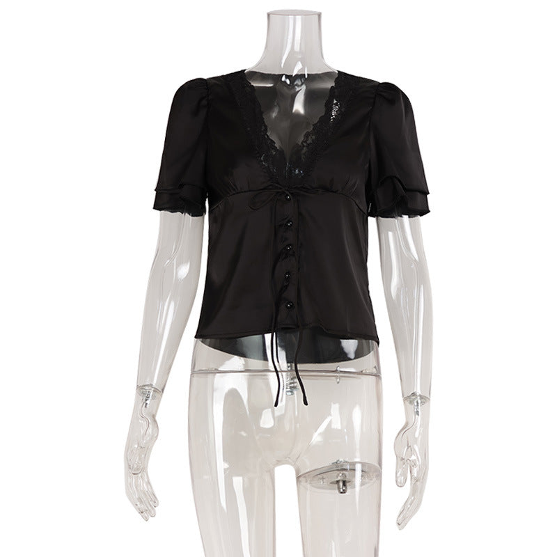French Lace Splicing Slim Fit T-Shirt