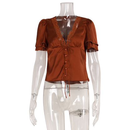 French Lace Splicing Slim Fit T-Shirt