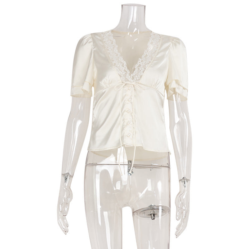 French Lace Splicing Slim Fit T-Shirt