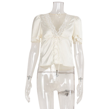 French Lace Splicing Slim Fit T-Shirt