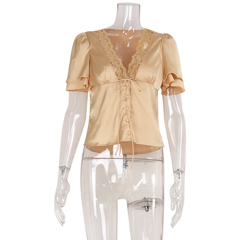 French Lace Splicing Slim Fit T-Shirt