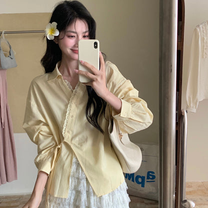 French Lace Trim Side Tie Blouse