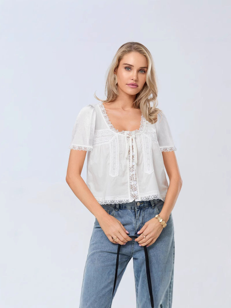 French Lace-Up Thin Shirt