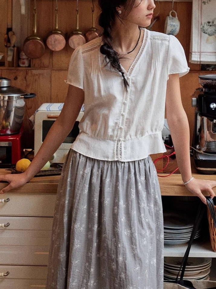 French Lyocell V-Neck Ruffled Blouse