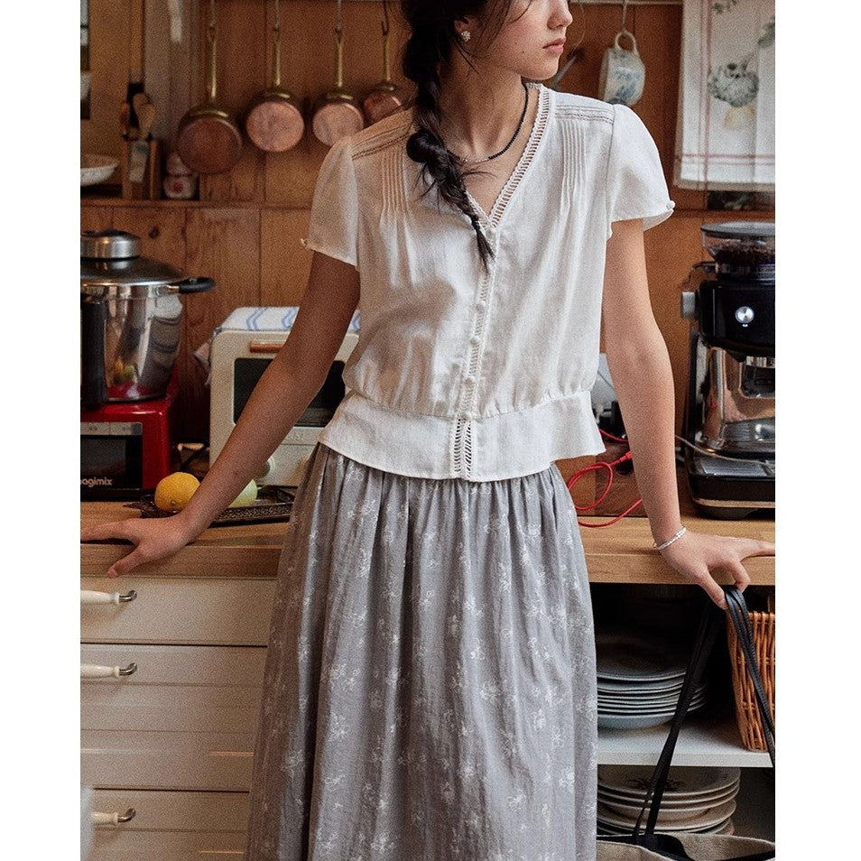French Lyocell V-Neck Ruffled Blouse