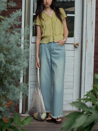 French Lyocell V-Neck Ruffled Blouse