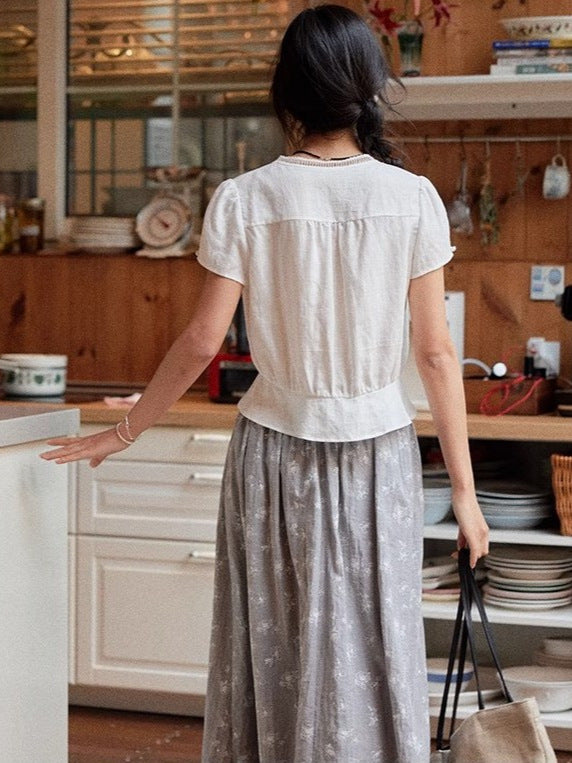 French Lyocell V-Neck Ruffled Blouse