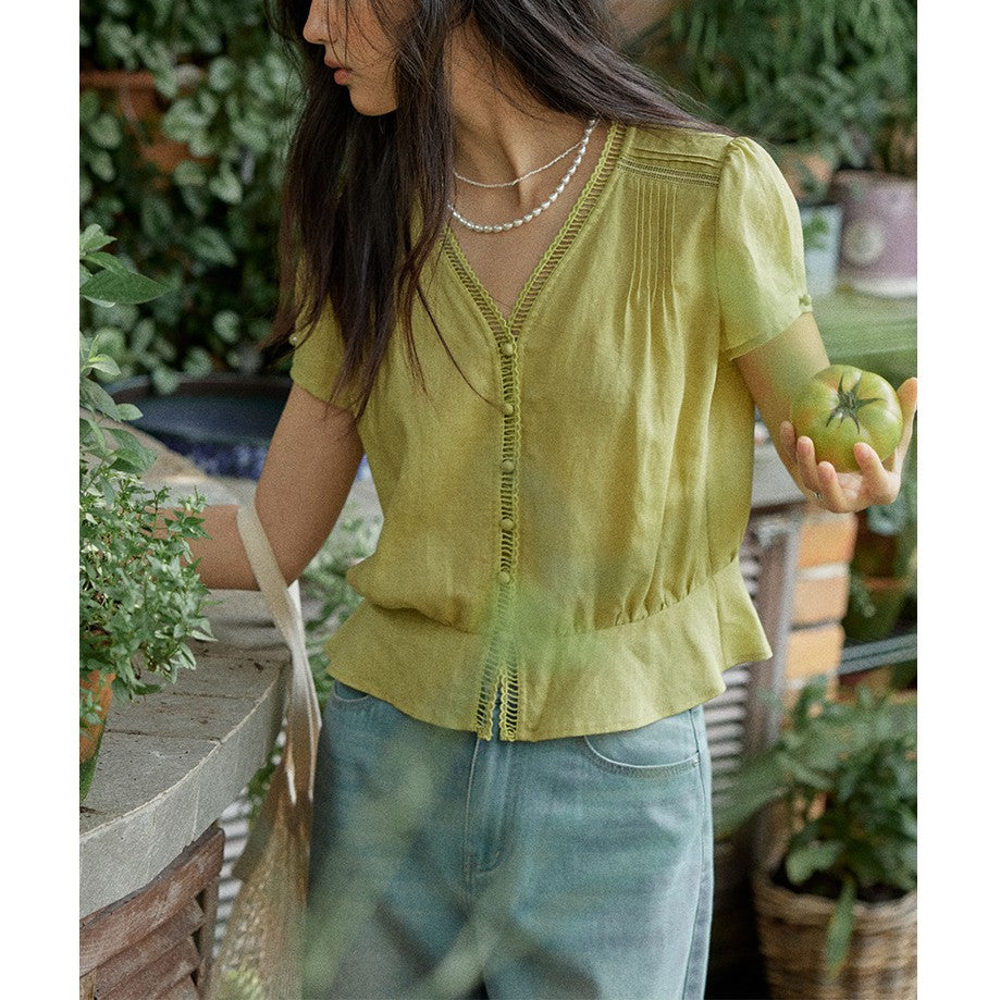 French Lyocell V-Neck Ruffled Blouse