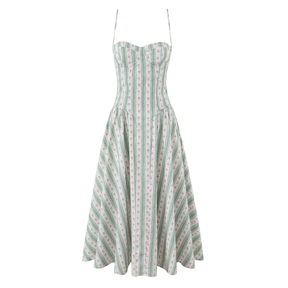 French Princess Style Green Stripesd Printed Stereo Steel Ring Waist Pleated Dress