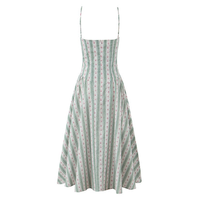 French Princess Style Green Stripesd Printed Stereo Steel Ring Waist Pleated Dress
