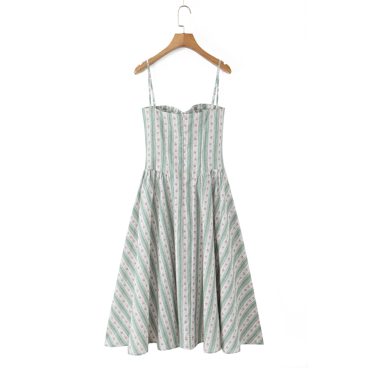 French Princess Style Green Stripesd Printed Stereo Steel Ring Waist Pleated Dress