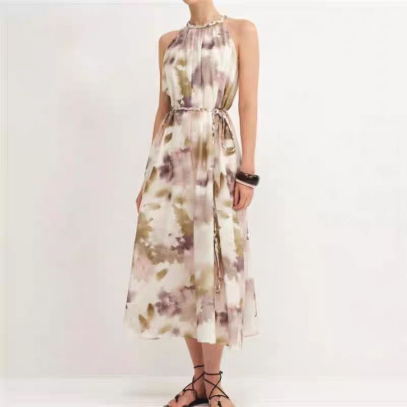 French Printed Silk Cotton Halterneck Dress