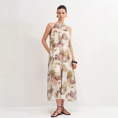 French Printed Silk Cotton Halterneck Dress