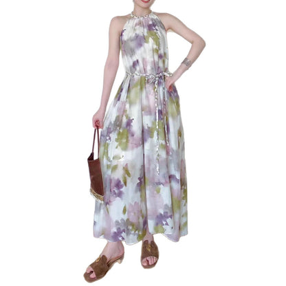 French Printed Silk Cotton Halterneck Dress