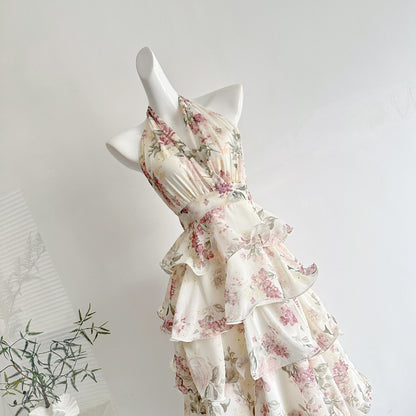 French Resort Style Printed Halter Chiffon Layered Long Dress