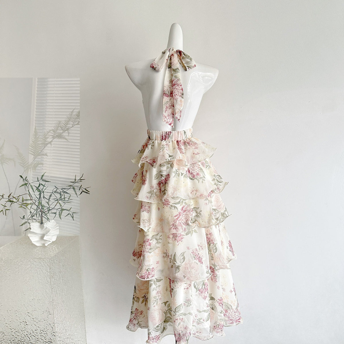 French Resort Style Printed Halter Chiffon Layered Long Dress