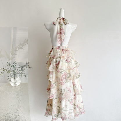 French Resort Style Printed Halter Chiffon Layered Long Dress