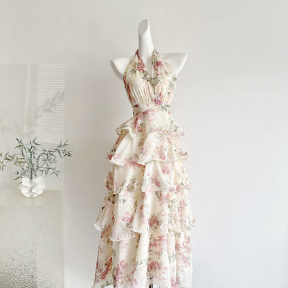 French Resort Style Printed Halter Chiffon Layered Long Dress