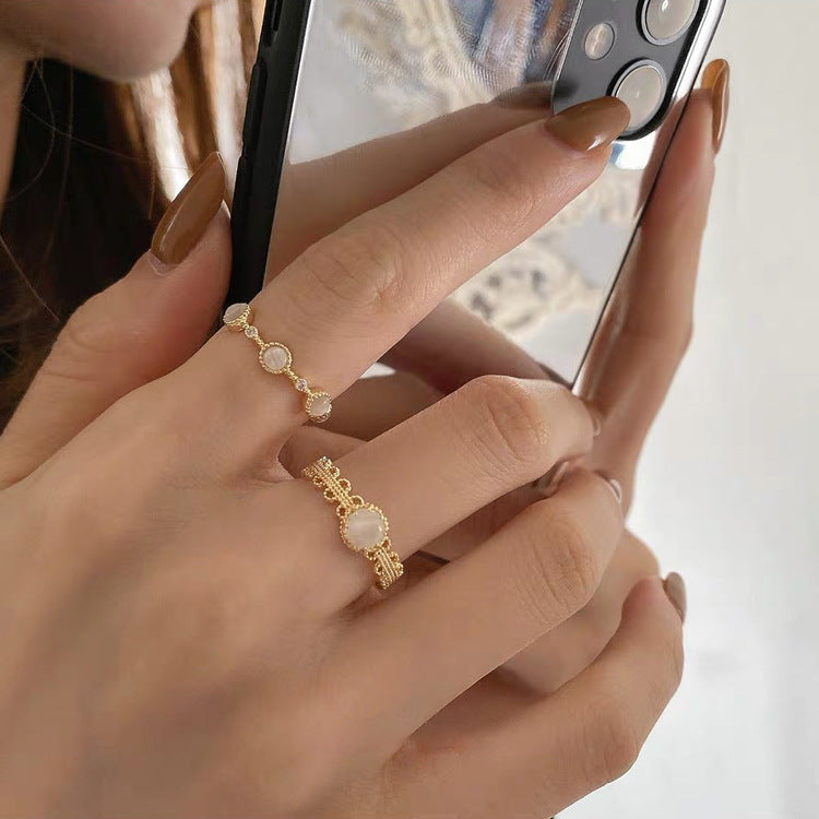 French Retro Lace Flower Metal Cat's Eye Adjustable Ring