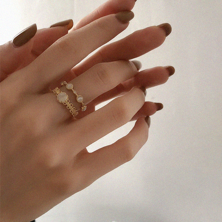 French Retro Lace Flower Metal Cat's Eye Adjustable Ring