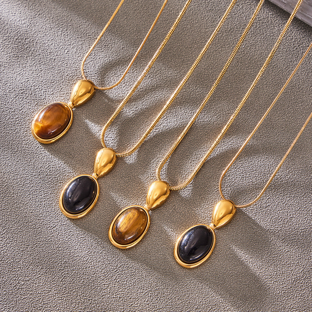 French Retro Oval Tiger Eye Stone Necklace