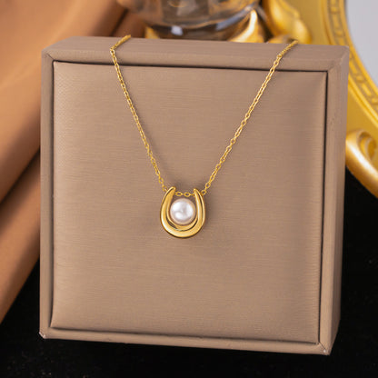 French Retro Pearl Titanium Steel Necklace