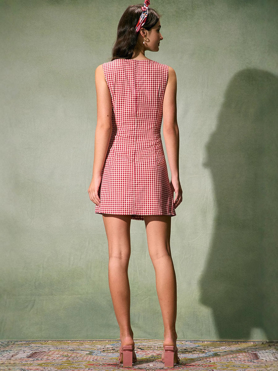 French Retro Plaid Sleeveless Crewneck Dress