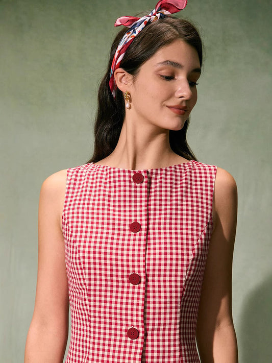 French Retro Plaid Sleeveless Crewneck Dress