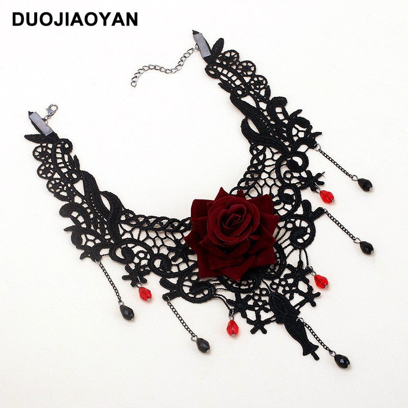 French Retro Red Rose Flower Collar