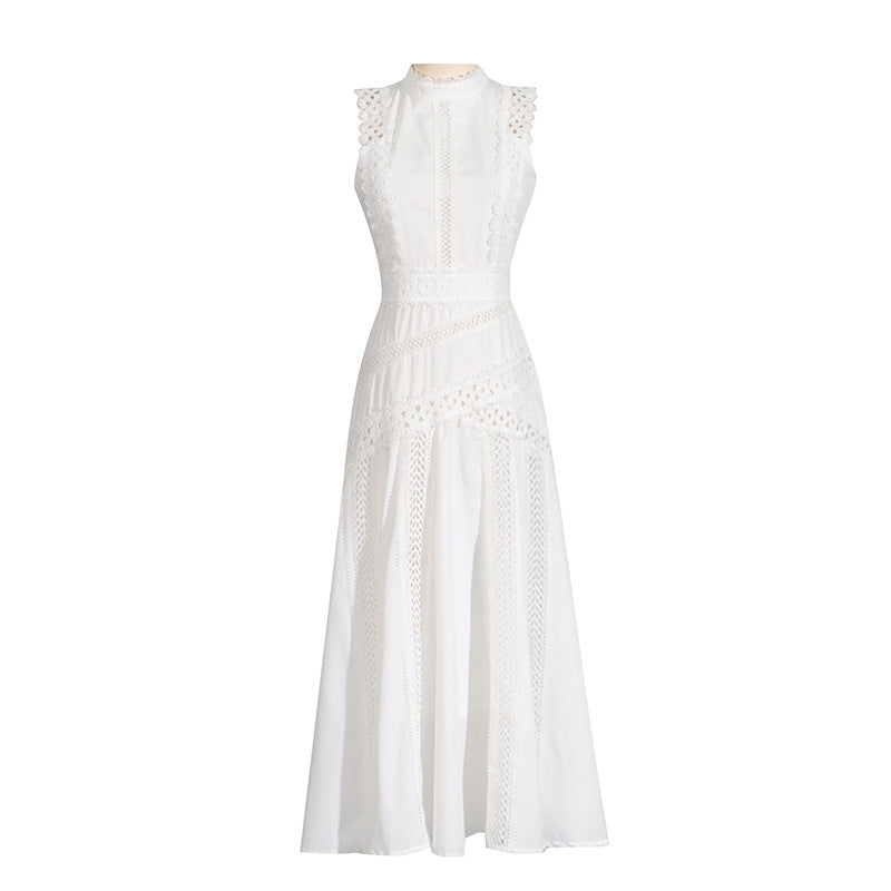 French Retro Sleeveless Lace Trim Dress