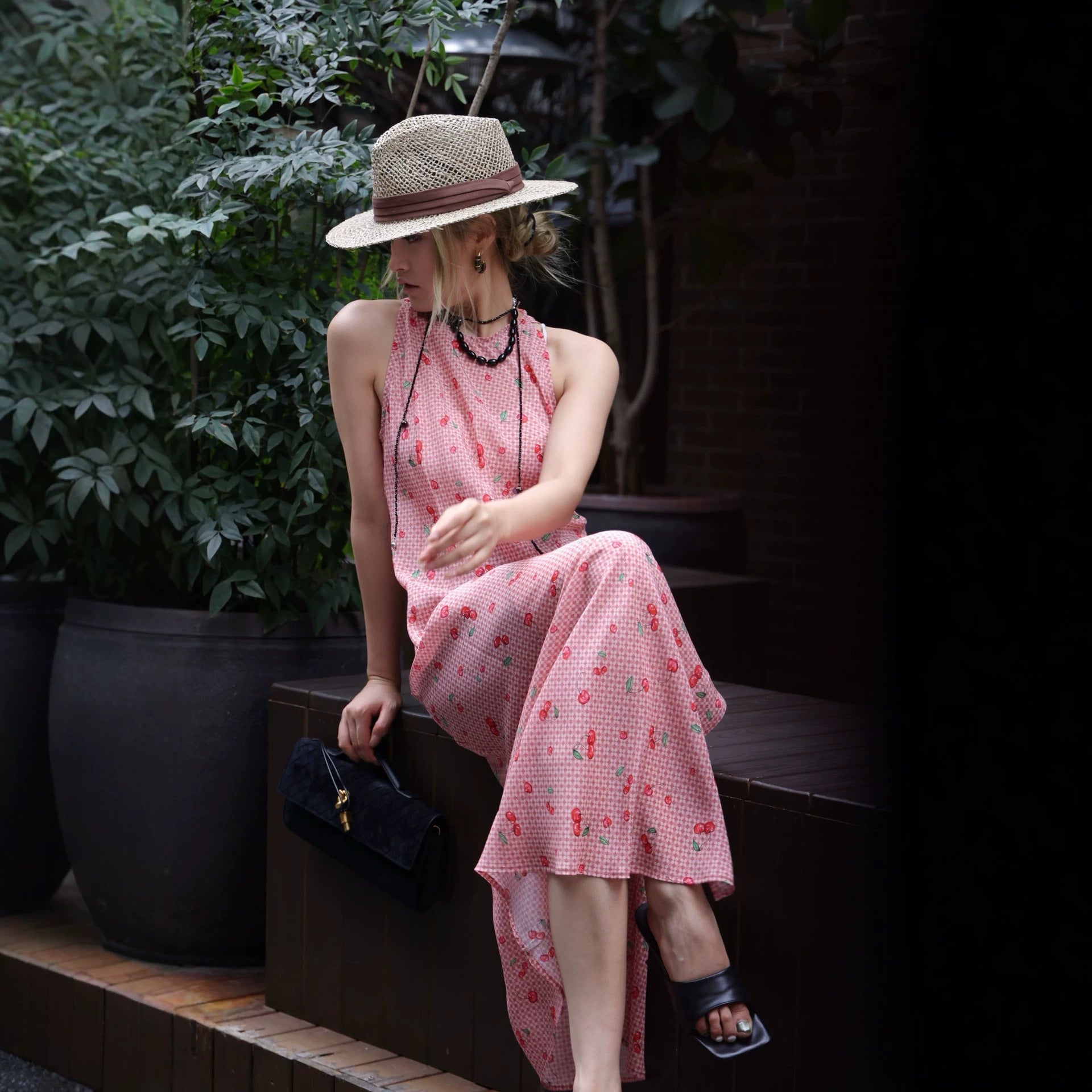 French Retro Spaghetti Strap Silk Dress