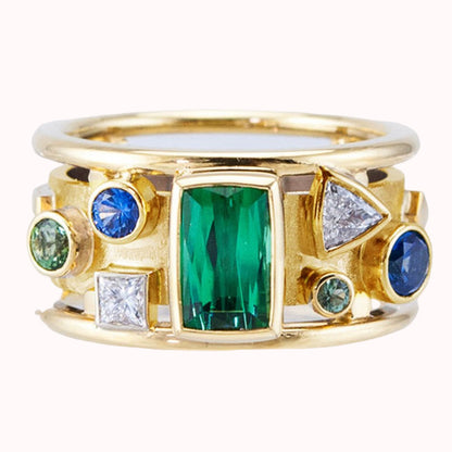 French Retro Square Green Zirconium Wide Ring
