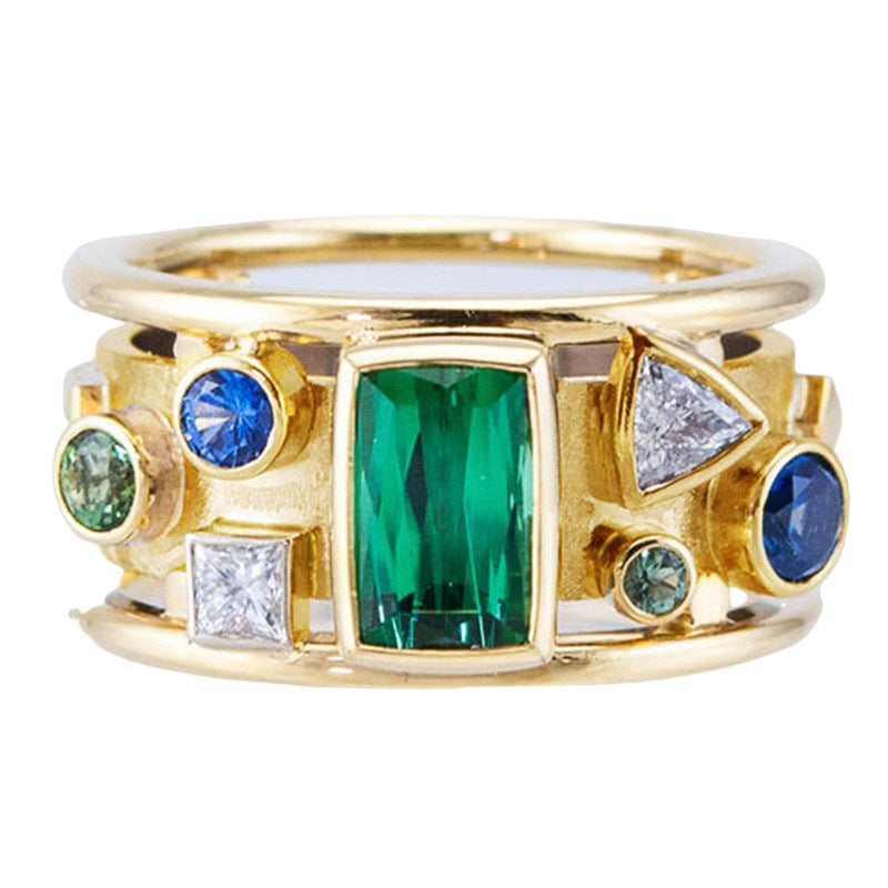French Retro Square Green Zirconium Wide Ring