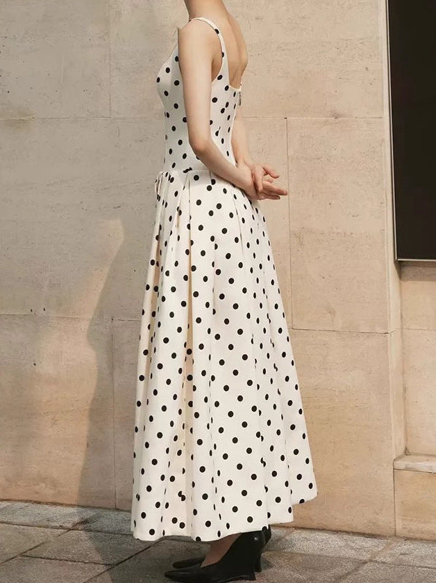 French Retro Wave Dot Sling Long Dress