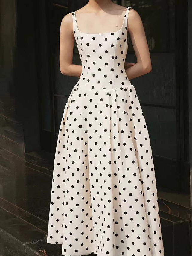 French Retro Wave Dot Sling Long Dress