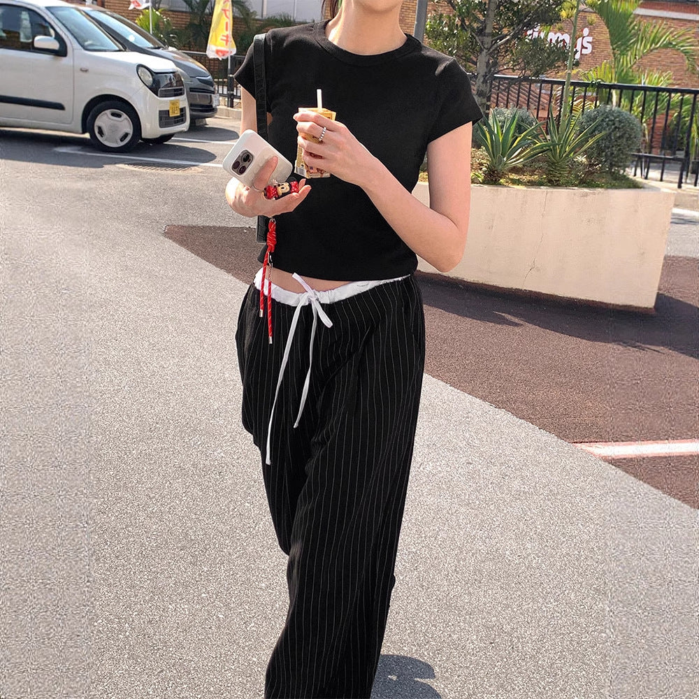 French Splicing High Waist Tie Drape Casual Pants