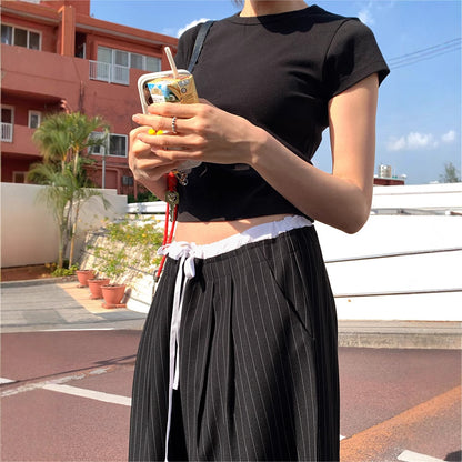 French Splicing High Waist Tie Drape Casual Pants