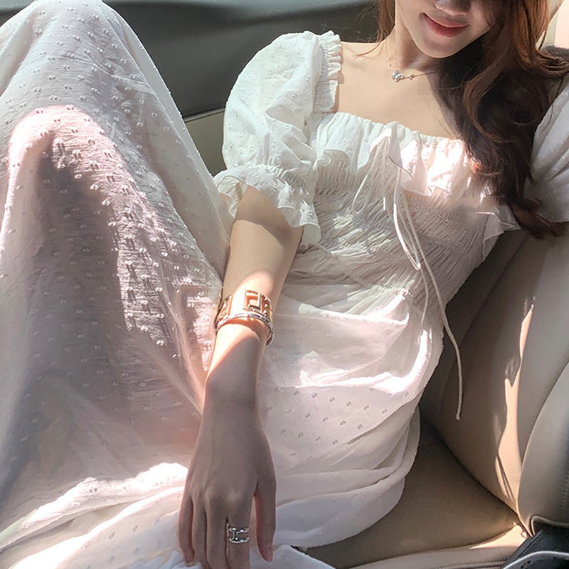 French Square Neck Embroidered Cotton Dress