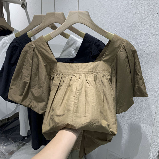 French square-neck off-the-shoulder shirt