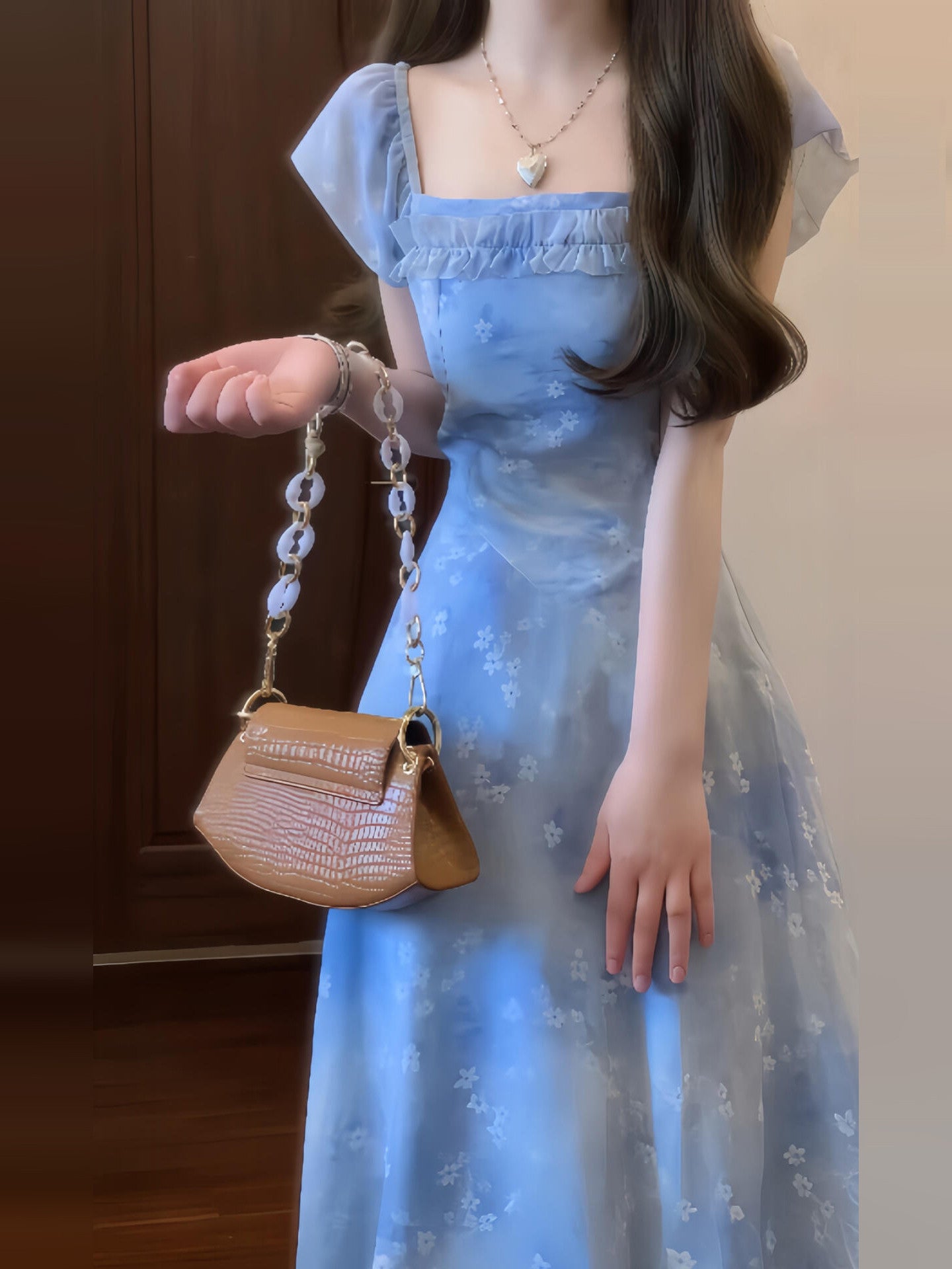 French-style blue floral dress