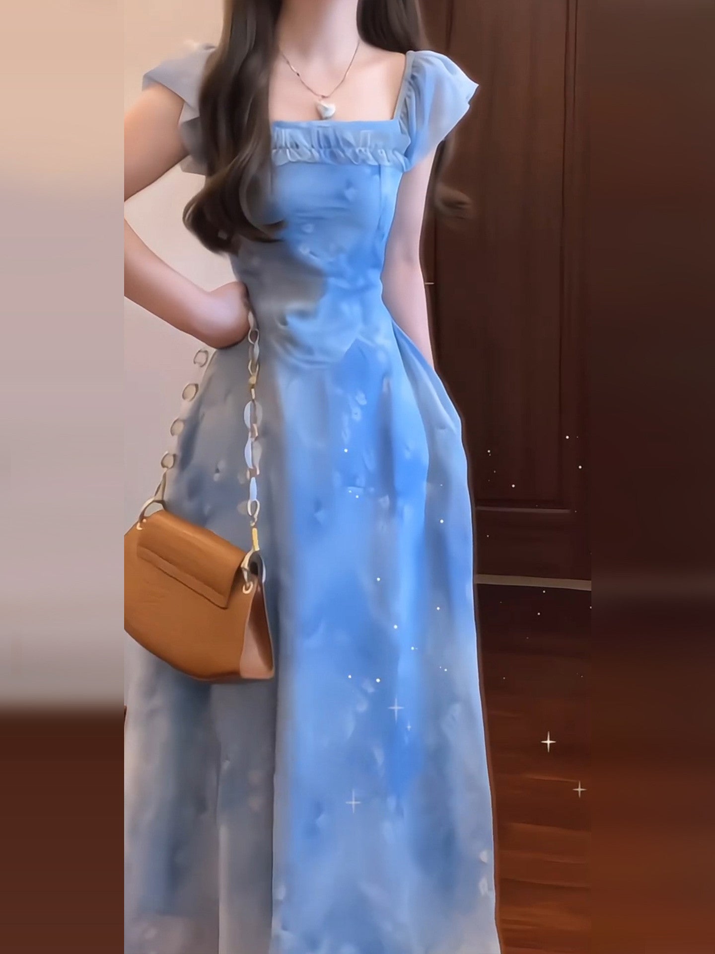 French-style blue floral dress