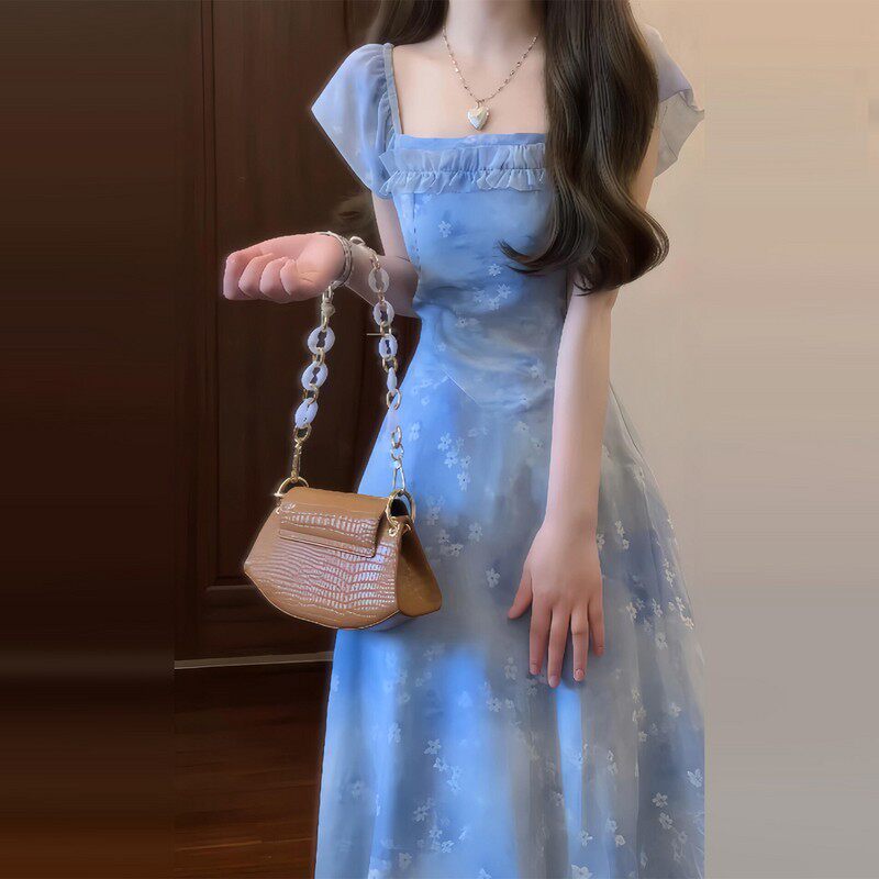 French-style blue floral dress
