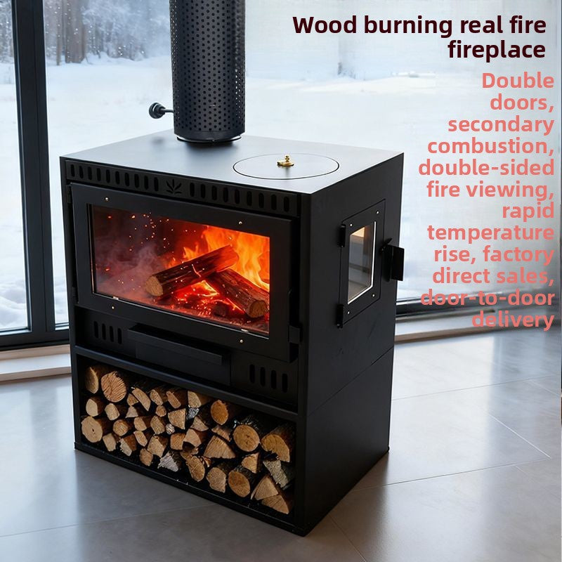 French Style Cream Real Flame Wood Burning Fireplace
