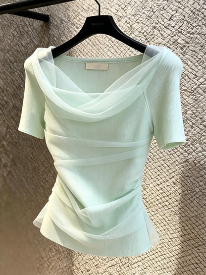French Style Draped Neck Short Sleeve T-Shirt for Women