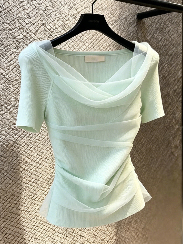 French Style Draped Neck Short Sleeve T-Shirt for Women