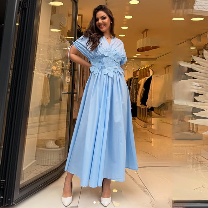 French Style Elegant Waisted Dress V-neck Stitching Flower Backless Slim-fit dress Women's Summer