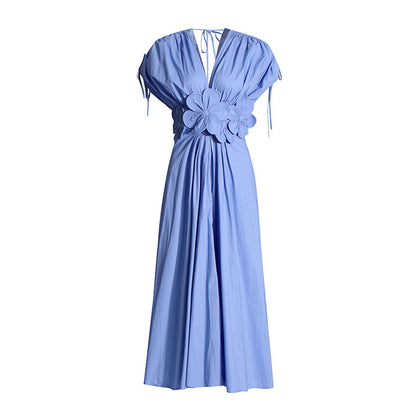 French Style Elegant Waisted Dress V-neck Stitching Flower Backless Slim-fit dress Women's Summer